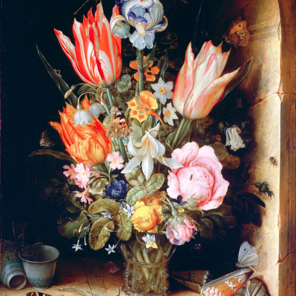 Peinture à l'huile florale - Bouquet élaboré avec insectes et coquillages