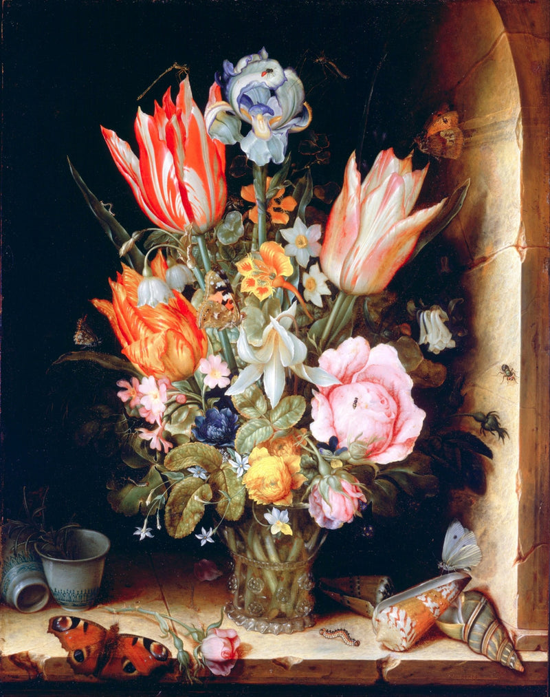 Peinture à l'huile florale - Bouquet élaboré avec insectes et coquillages