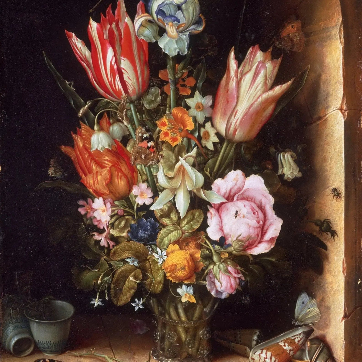 Floral Oil Painting - Elaborate Bouquet with Insects and Shells - Oil Painting Haven