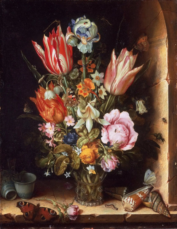 Floral Oil Painting - Elaborate Bouquet with Insects and Shells - Oil Painting Haven