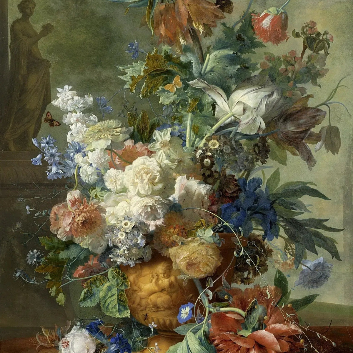 Floral Oil Painting - Elaborate Bouquet with Nest and Statue - Oil Painting Haven