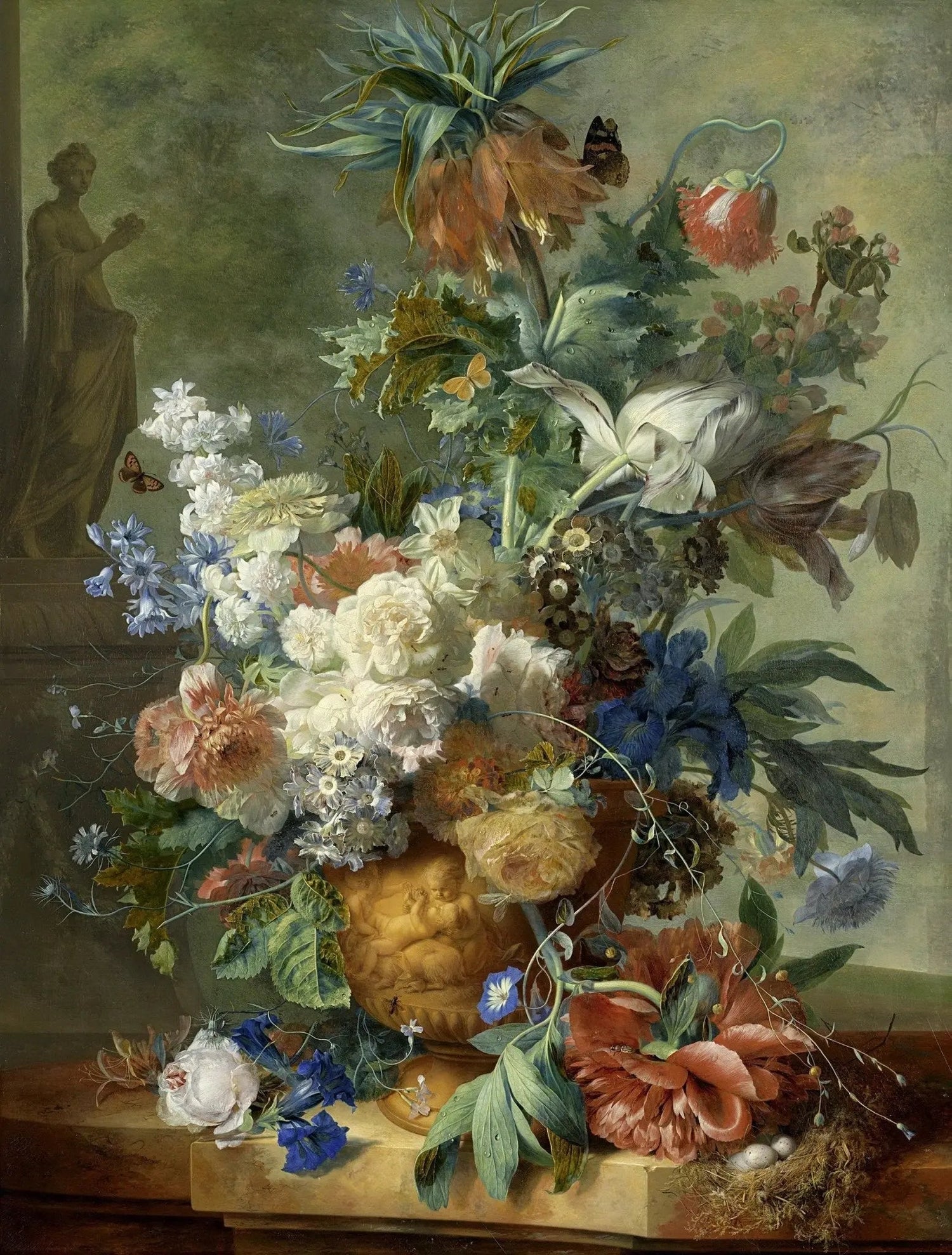 Floral Oil Painting - Elaborate Bouquet with Nest and Statue - Oil Painting Haven