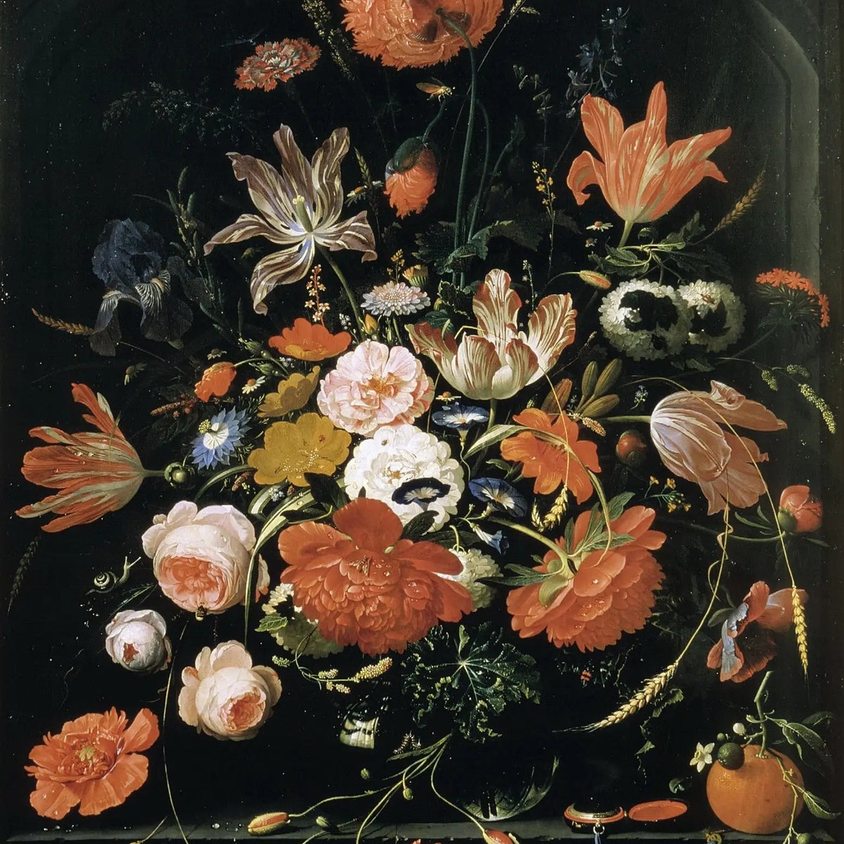 Floral Oil Painting - Elaborate Bouquet with Orange and Insects - Oil Painting Haven