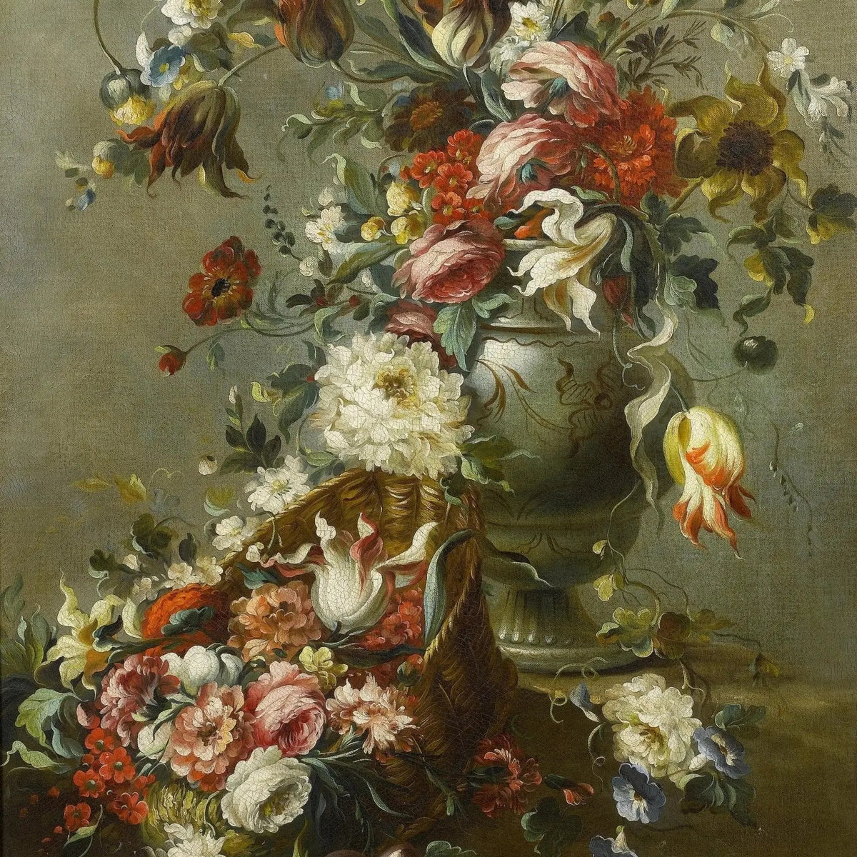 Floral Oil Painting - Elaborate Bouquet with Vase and Basket - Oil Painting Haven