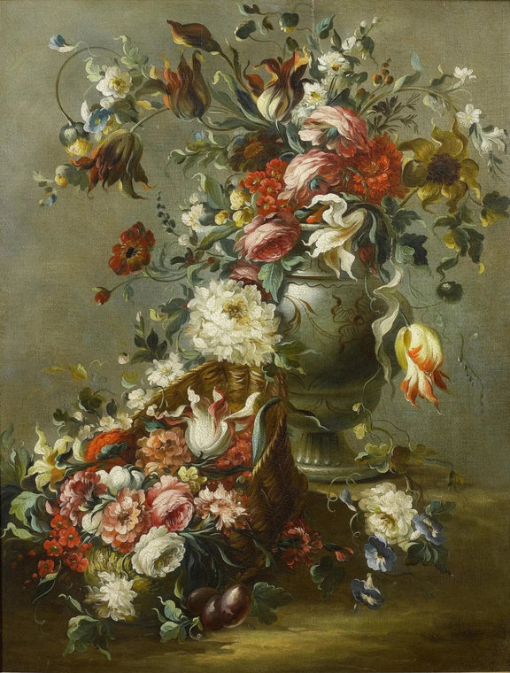 Floral Oil Painting - Elaborate Bouquet with Vase and Basket - Oil Painting Haven
