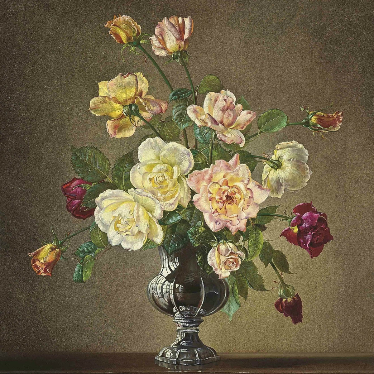 Floral Oil Painting - Elegant Roses in Classic Glass Vase - Oil Painting Haven