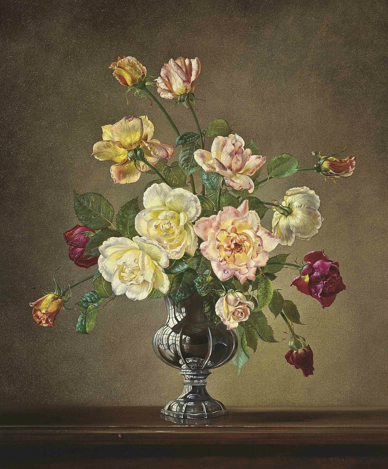 Floral Oil Painting - Elegant Roses in Classic Glass Vase - Oil Painting Haven