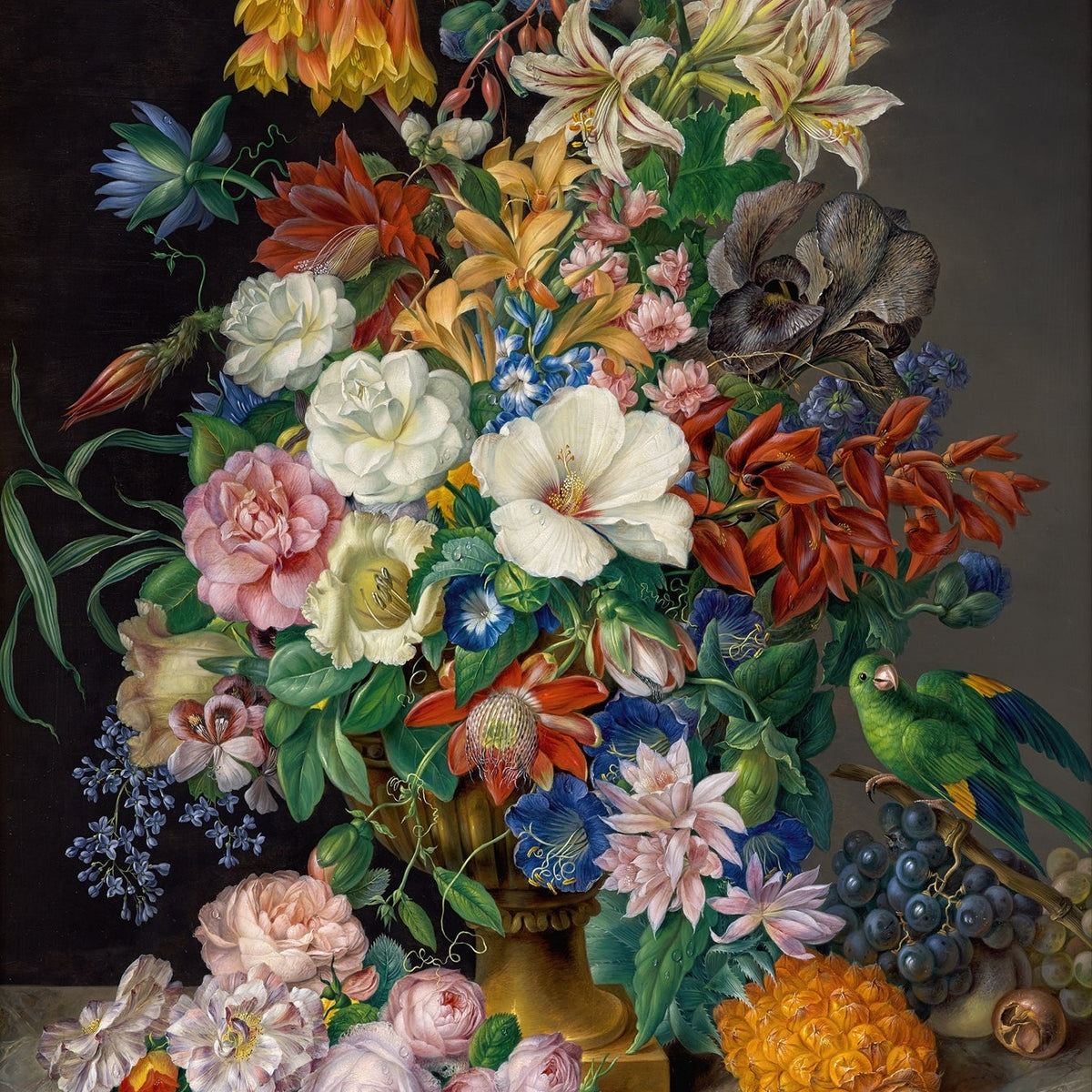 Floral Oil Painting - Exotic Bouquet with Parrot and Fruit
