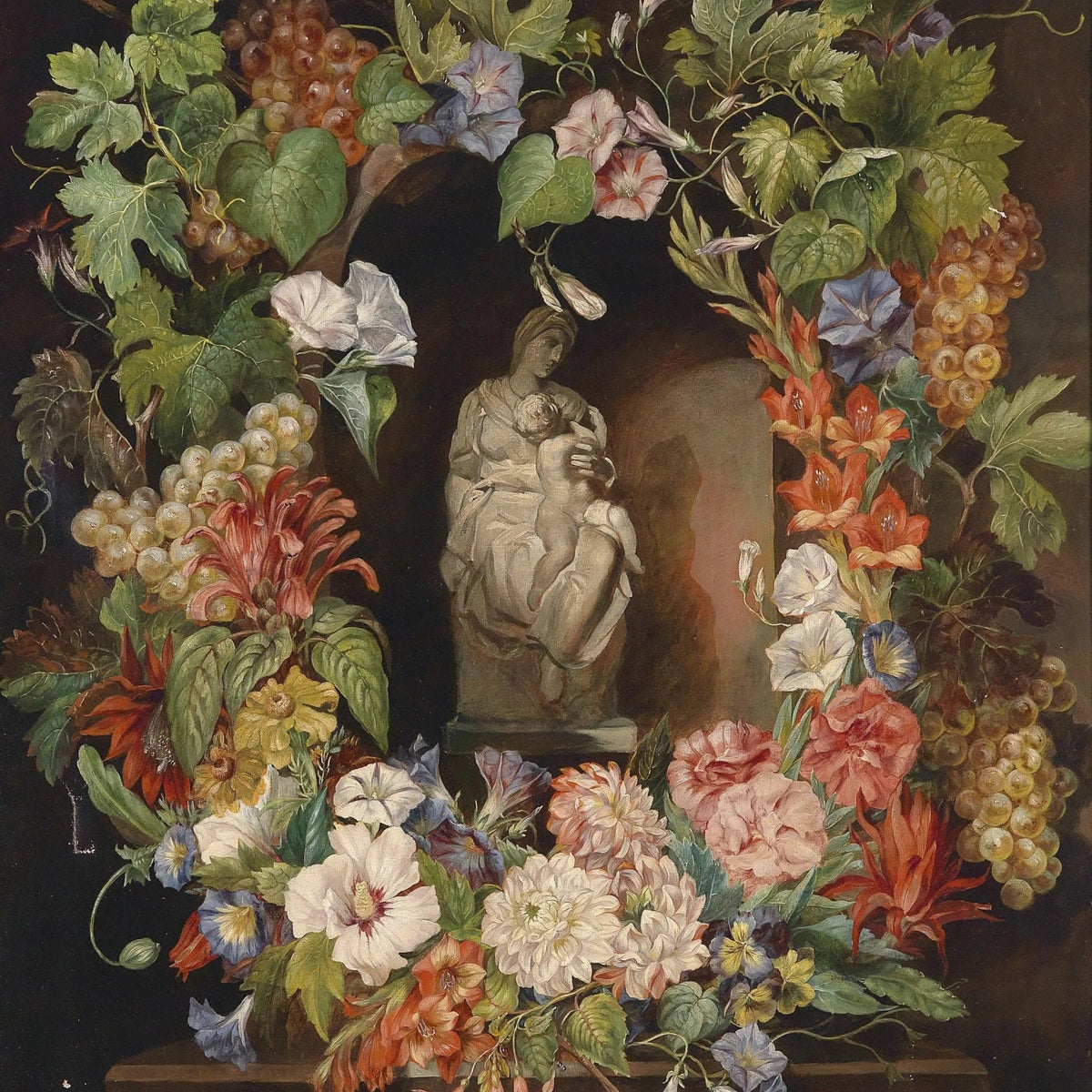 Floral Oil Painting - Flower Wreath with Sculpture - Oil Painting Haven