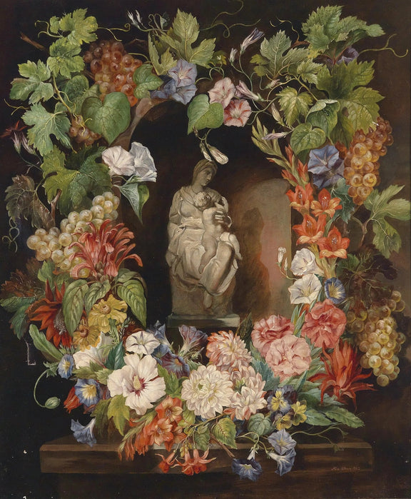 Floral Oil Painting - Flower Wreath with Sculpture - Oil Painting Haven