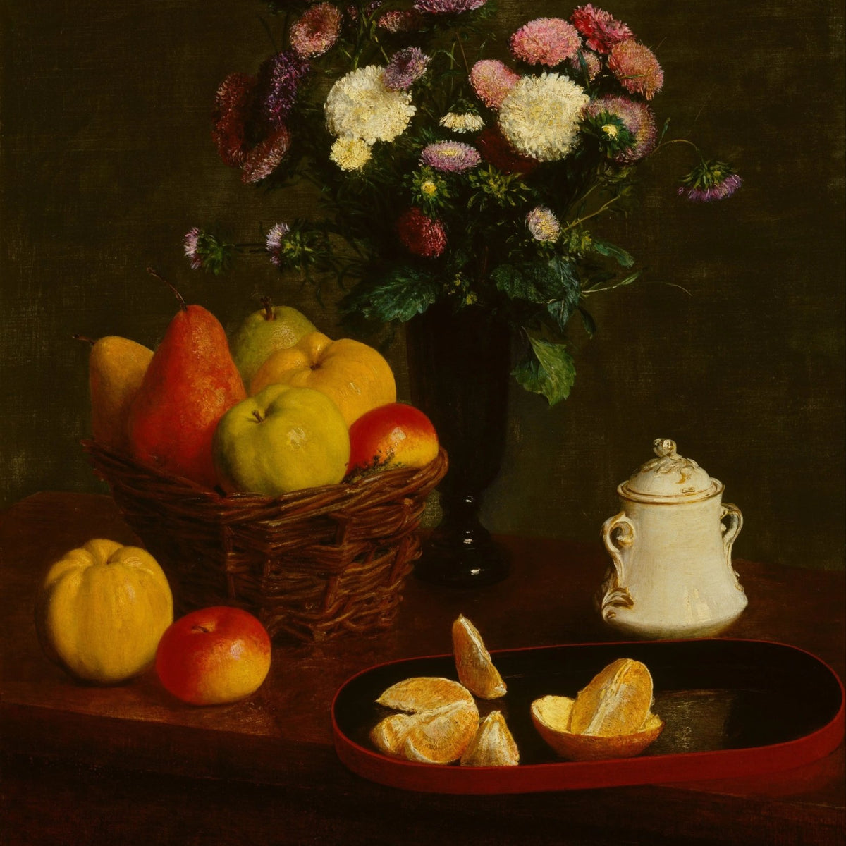 Floral Oil Painting - Flowers with Fruit and Tableware - Oil Painting Haven