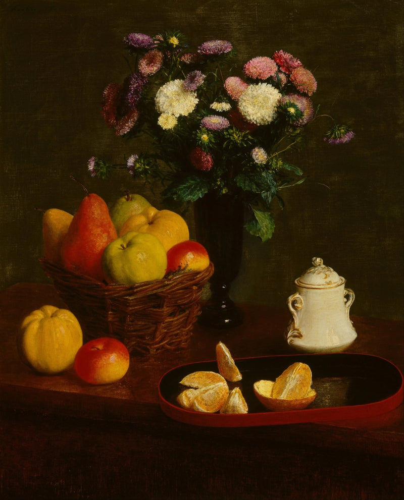 Floral Oil Painting - Flowers with Fruit and Tableware - Oil Painting Haven