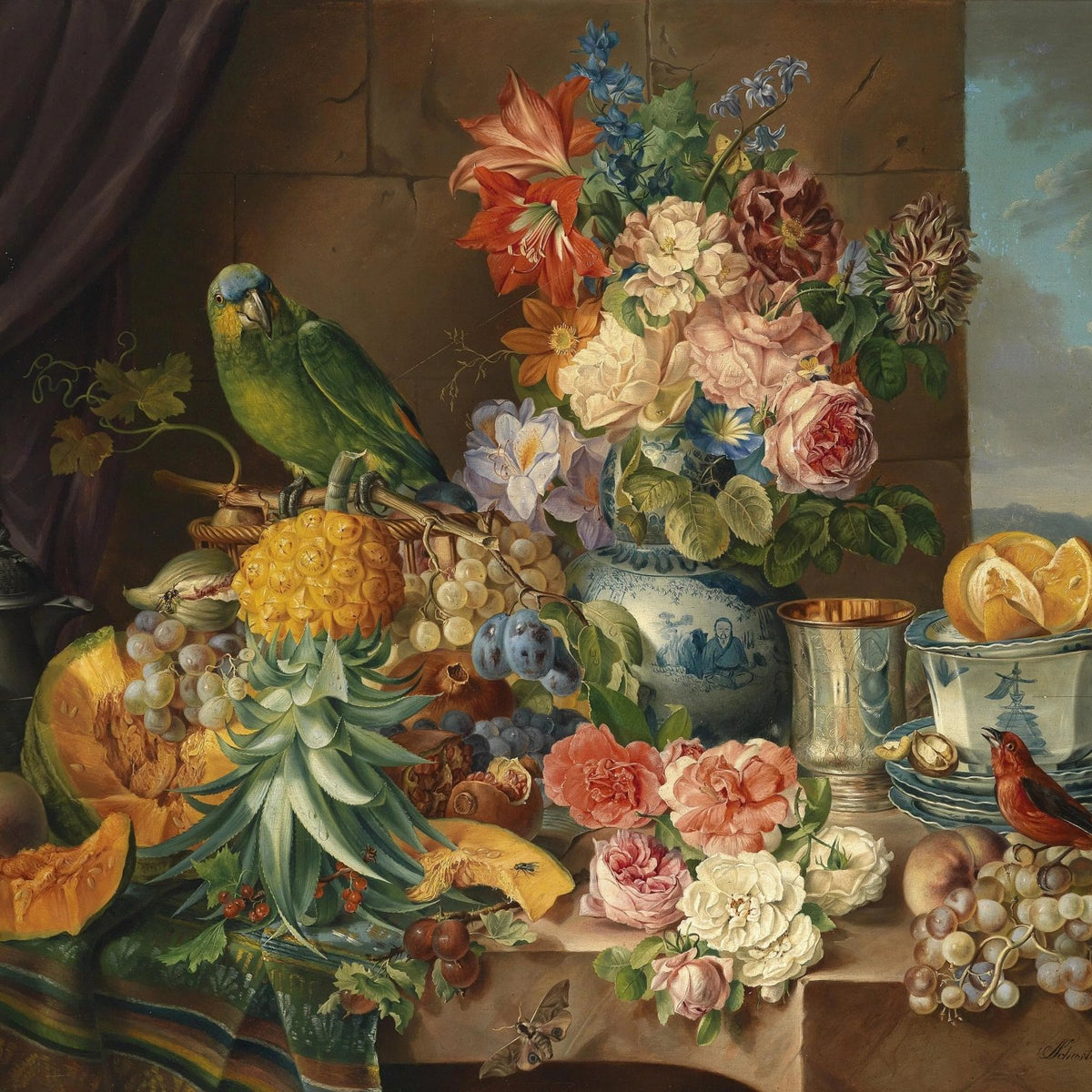Floral Oil Painting - Flowers with Fruit, Birds, and Tableware - Oil Painting Haven