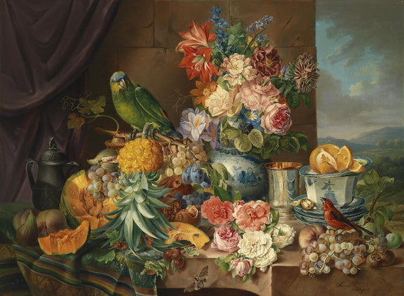 Floral Oil Painting - Flowers with Fruit, Birds, and Tableware - Oil Painting Haven