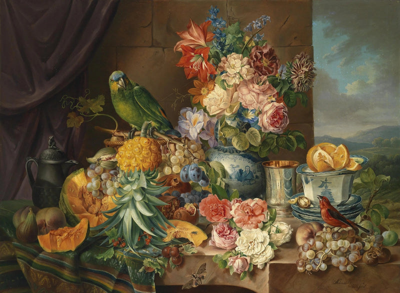 Floral Oil Painting - Flowers with Fruit, Birds, and Tableware - Oil Painting Haven