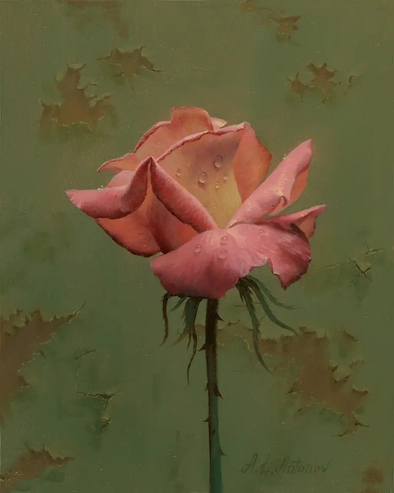 Floral Oil Painting - Fresh Pink Rose with Morning Dew Drops Canvas Art - Oil Painting Haven