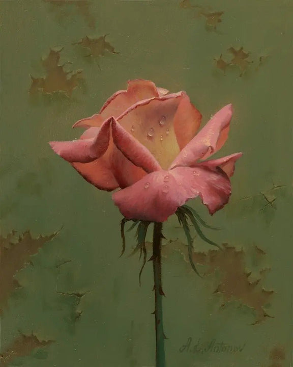 Floral Oil Painting - Fresh Pink Rose with Morning Dew Drops Canvas Art - Oil Painting Haven
