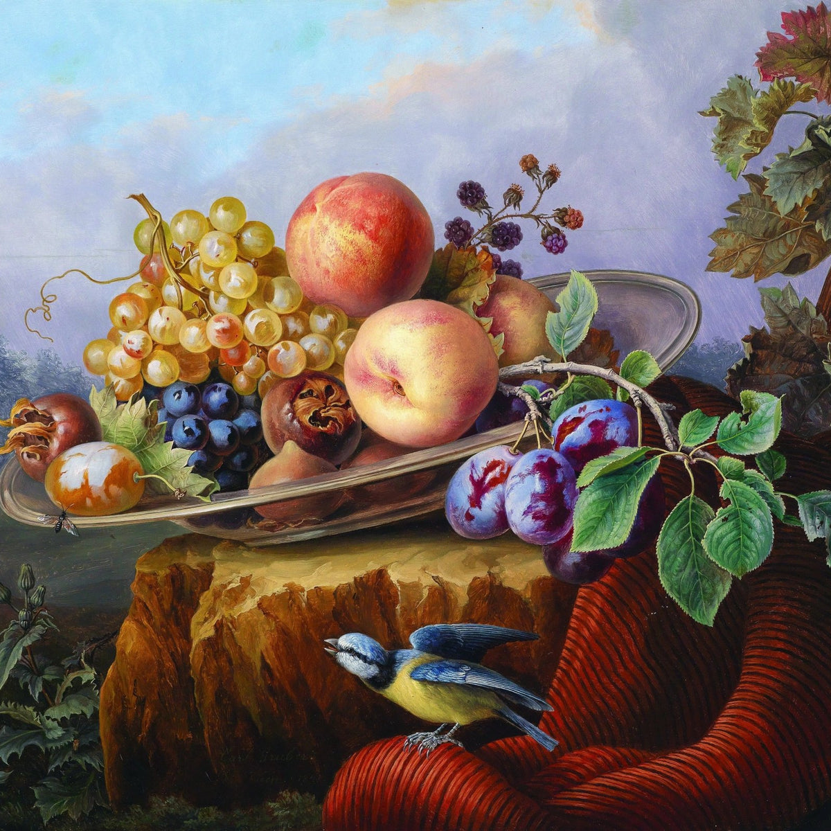 Floral Oil Painting - Fruit Still Life with Bird and Landscape - Oil Painting Haven