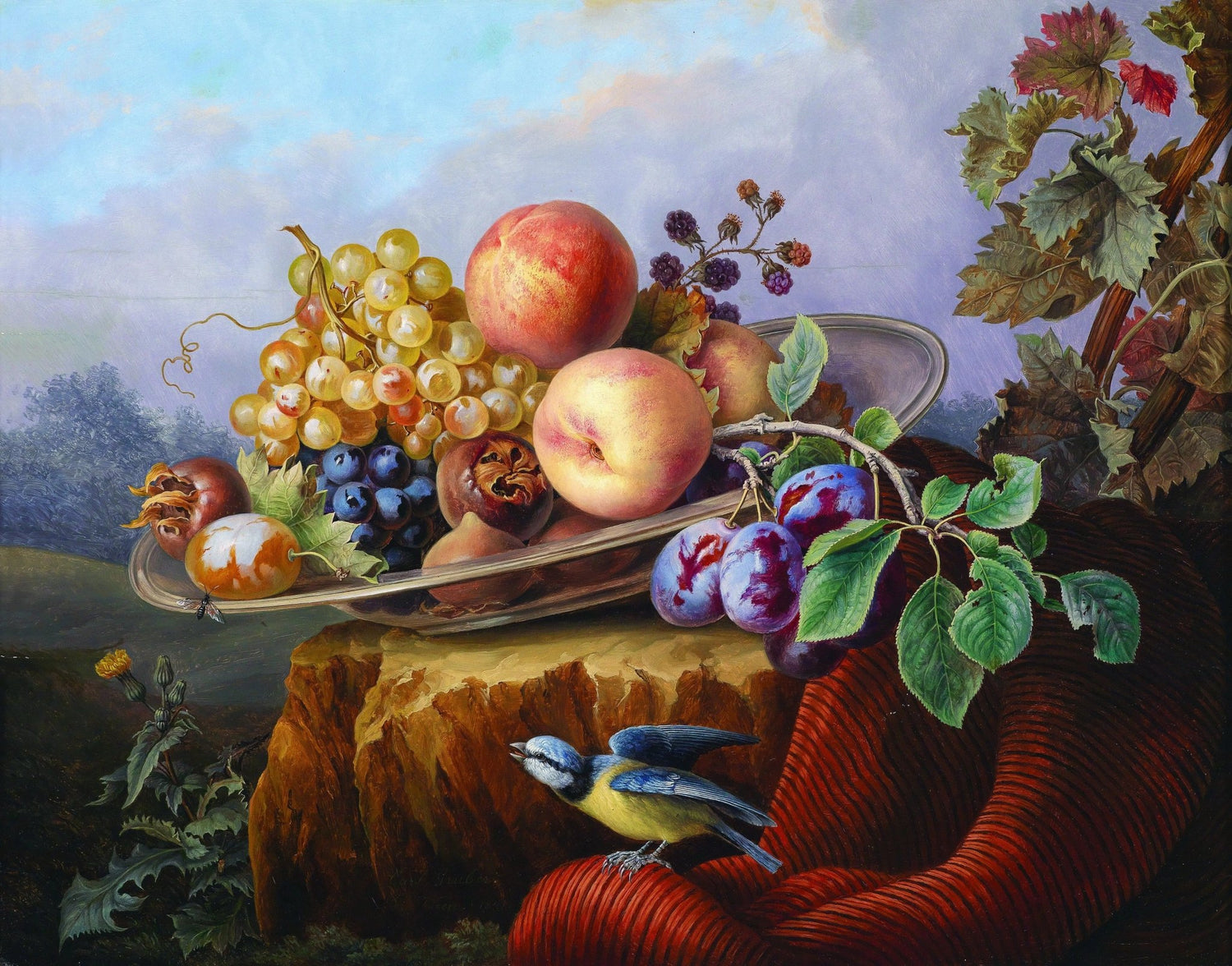 Floral Oil Painting - Fruit Still Life with Bird and Landscape - Oil Painting Haven