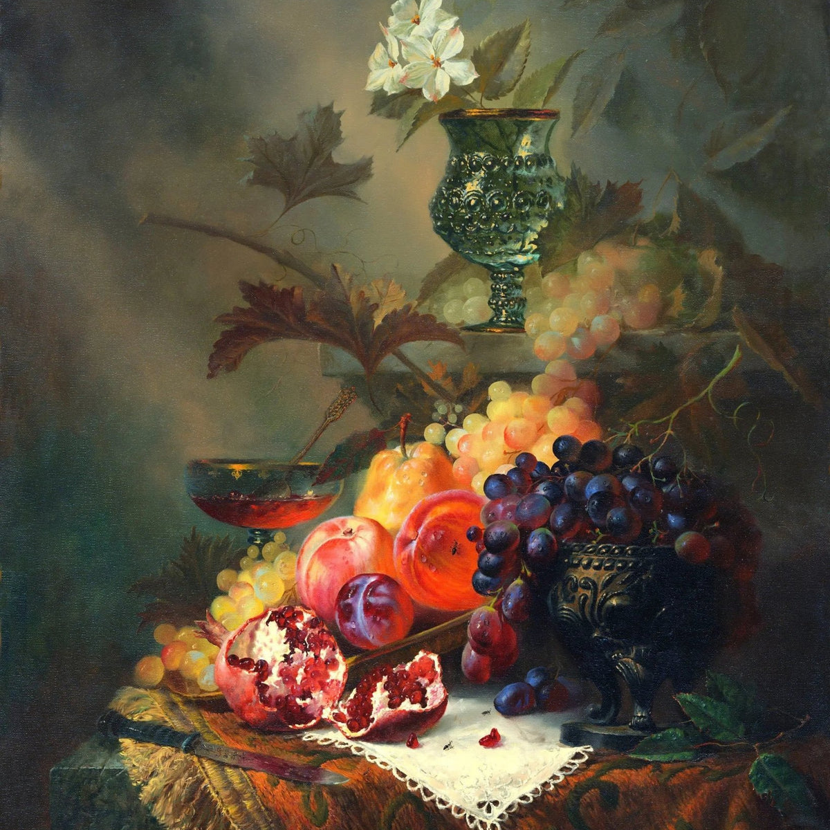 Floral Oil Painting - Fruits and Flowers with Glassware - Oil Painting Haven
