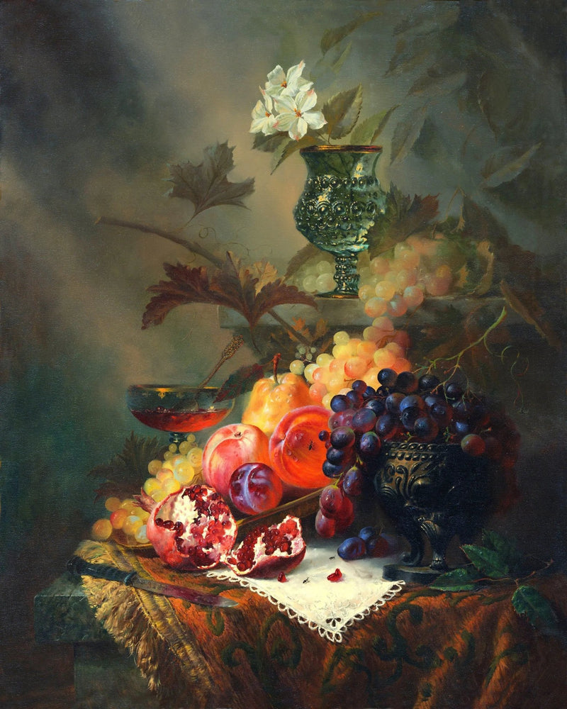 Floral Oil Painting - Fruits and Flowers with Glassware - Oil Painting Haven