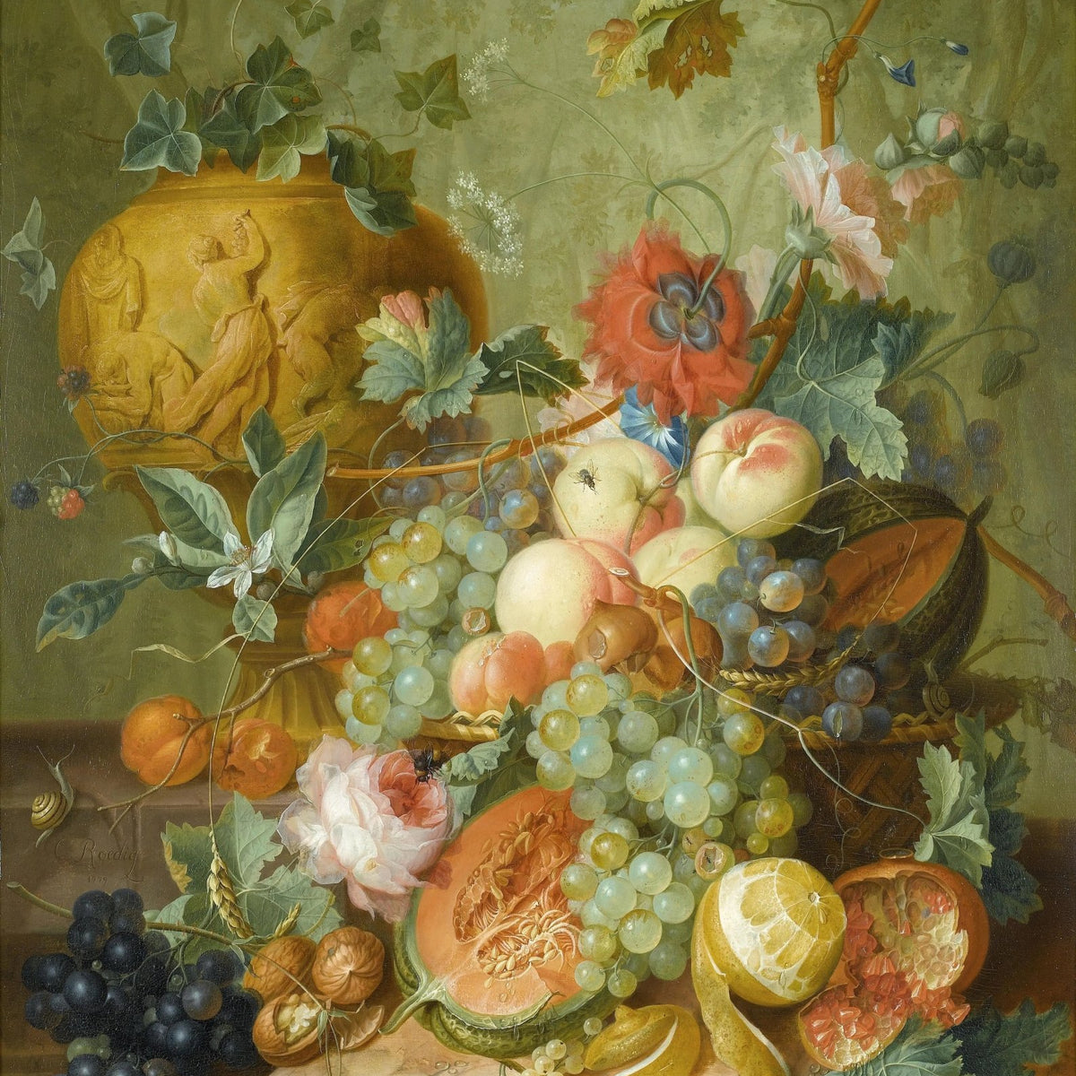 Floral Oil Painting - Fruits and Flowers with Ornate Vase - Oil Painting Haven