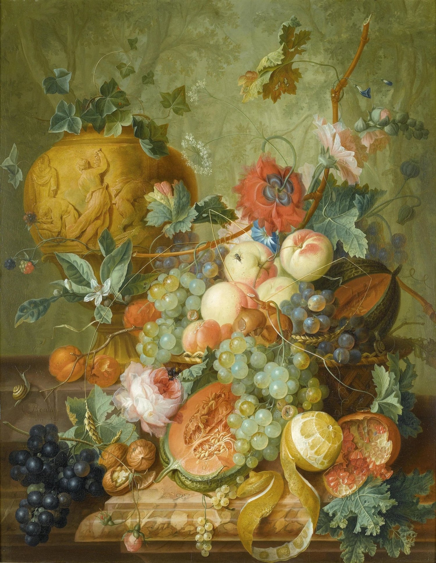 Floral Oil Painting - Fruits and Flowers with Ornate Vase - Oil Painting Haven