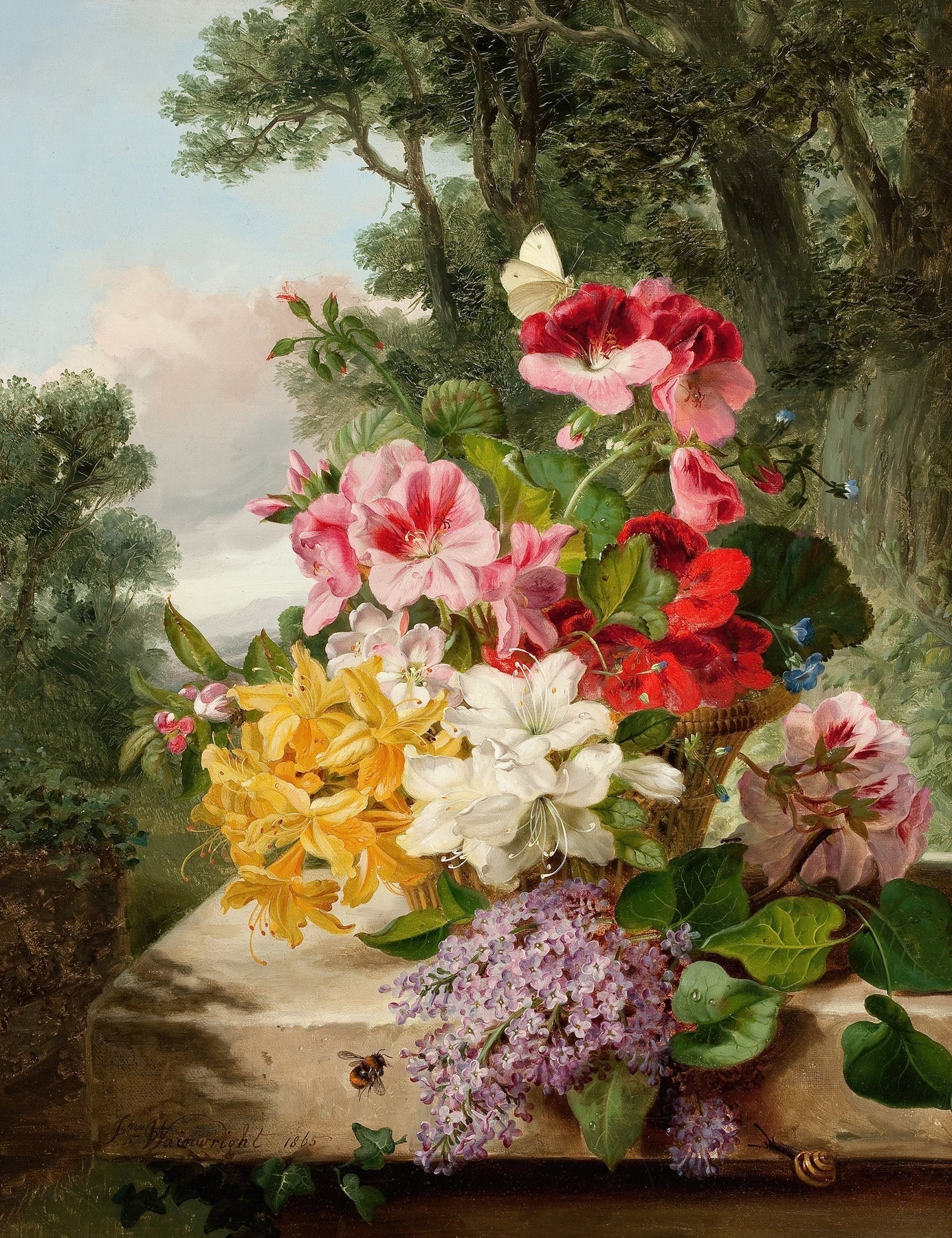 Floral Oil Painting - Garden Flowers on a Stone Ledge Still Life