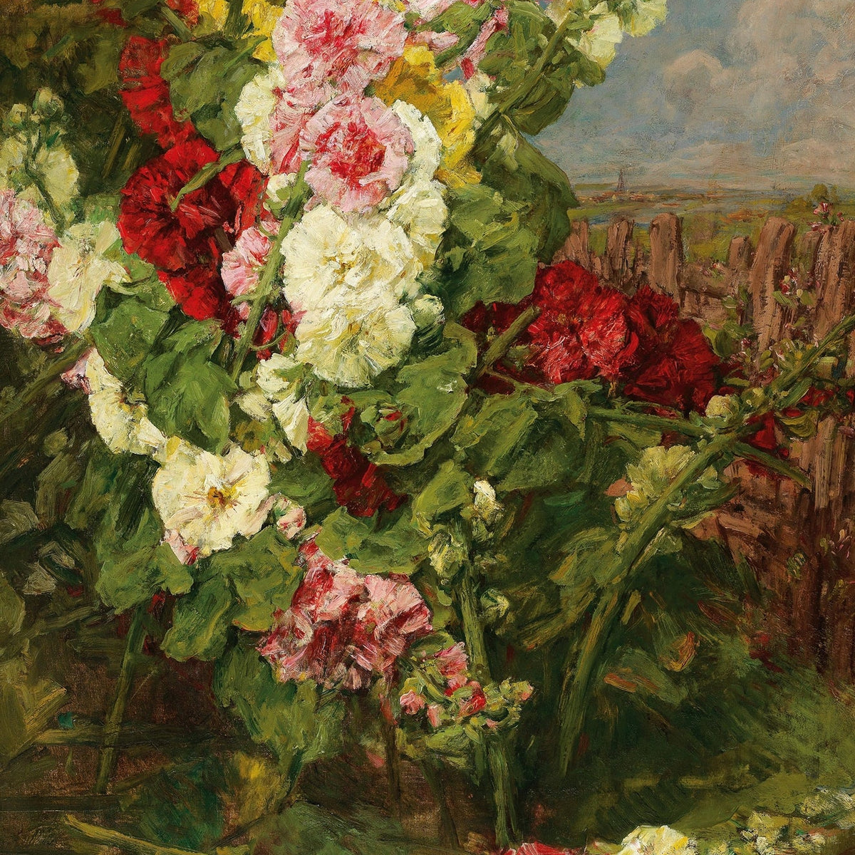 Floral Oil Painting - Garden Hollyhocks Hand - Painted Canvas - Oil Painting Haven
