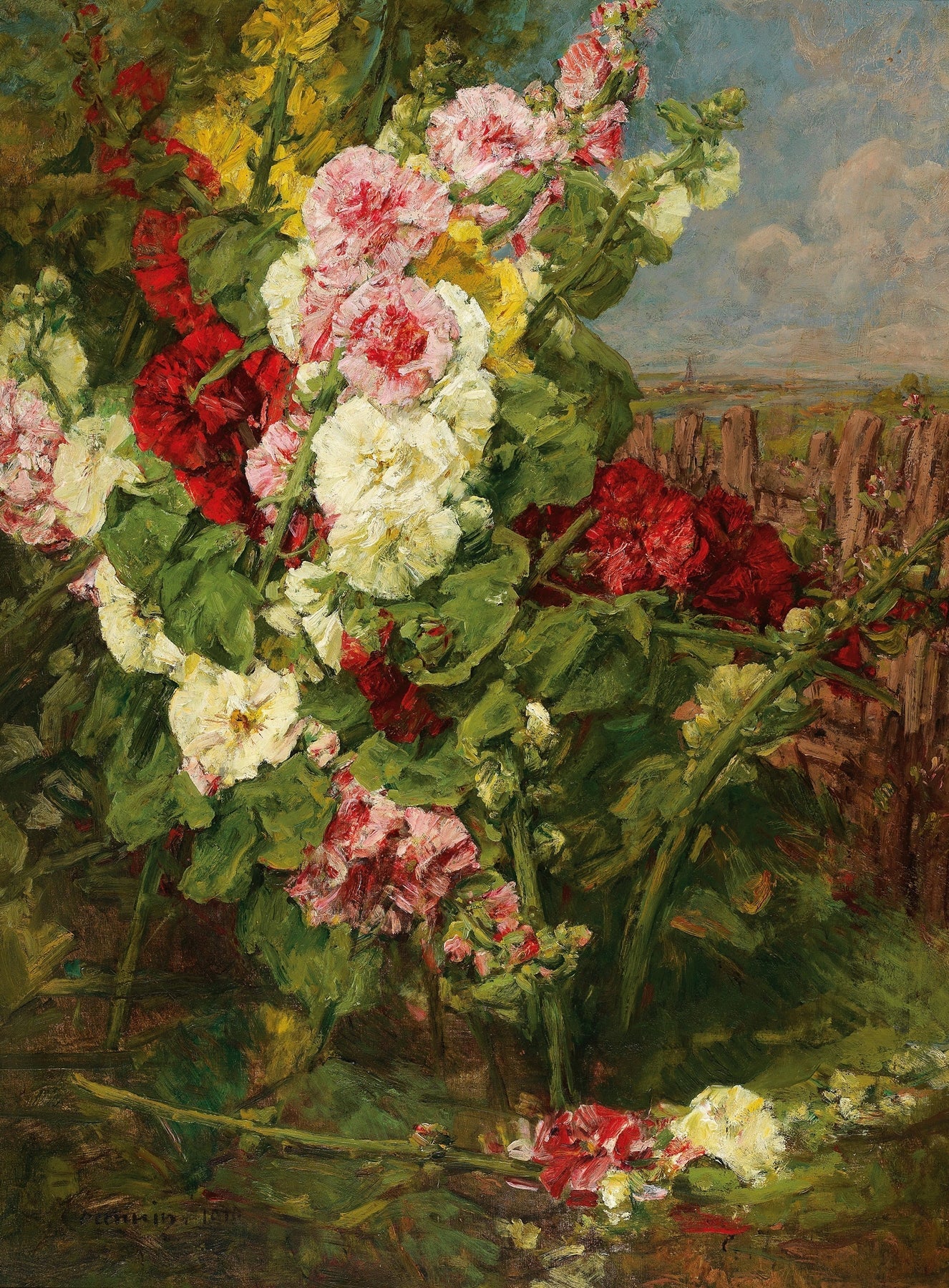 Floral Oil Painting - Garden Hollyhocks Hand - Painted Canvas - Oil Painting Haven