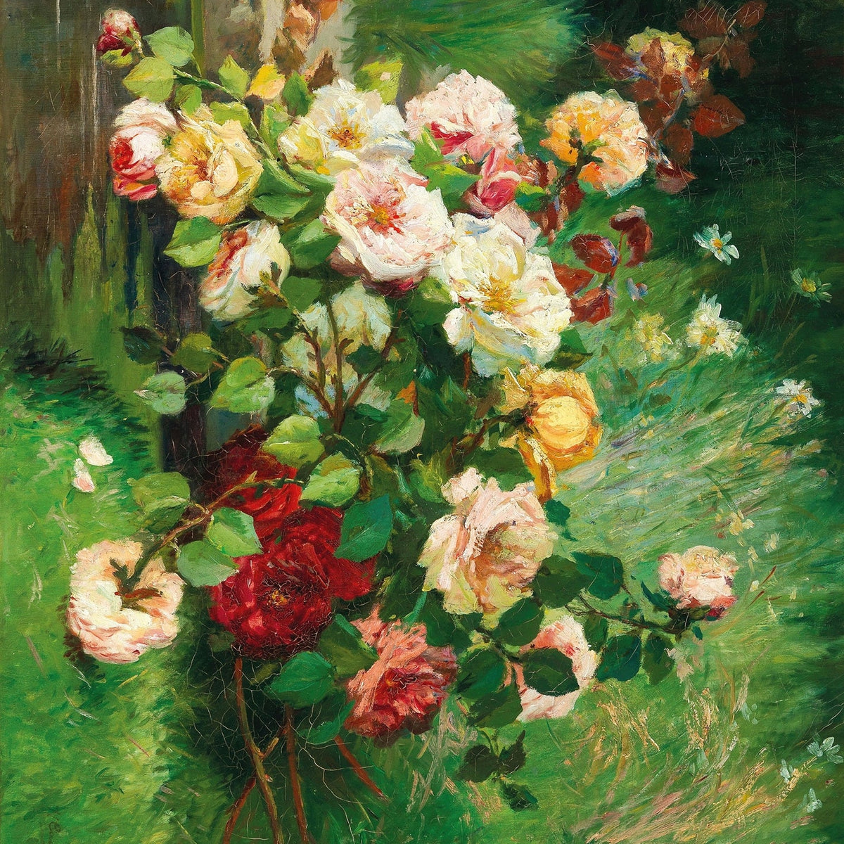 Floral Oil Painting - Garden Roses in Bloom by Wooden Fence
