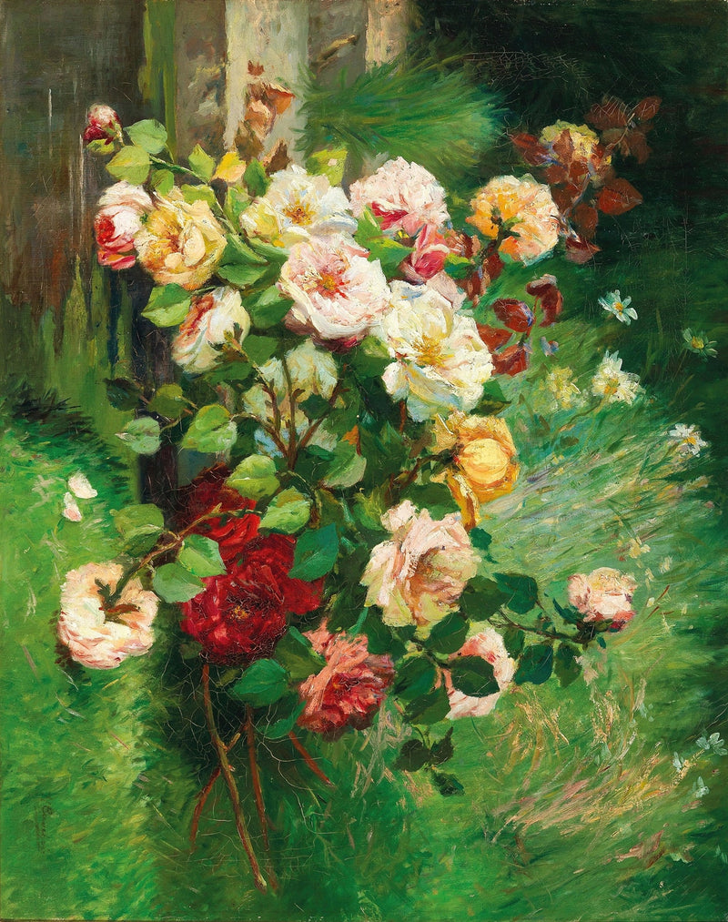 Floral Oil Painting - Garden Roses in Bloom by Wooden Fence