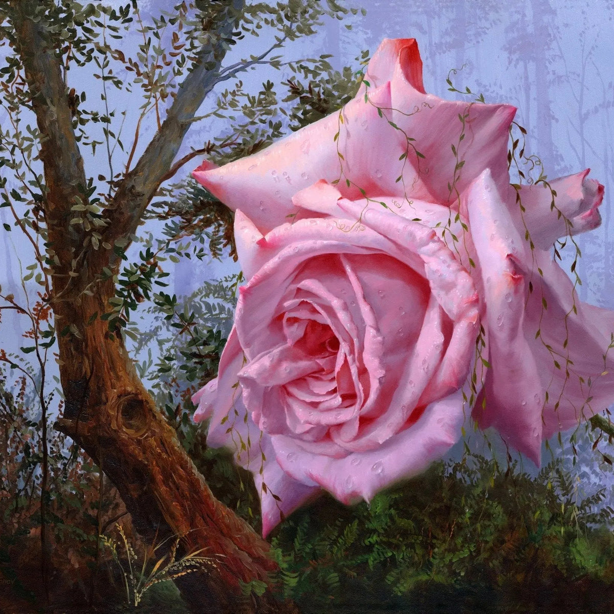 Floral Oil Painting - Giant Pink Rose in Forest - Oil Painting Haven