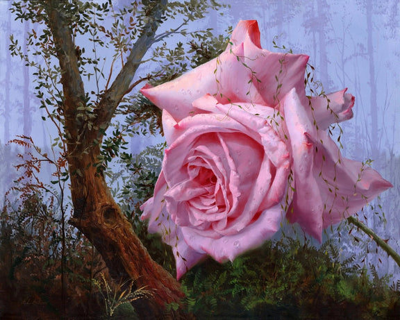 Floral Oil Painting - Giant Pink Rose in Forest - Oil Painting Haven