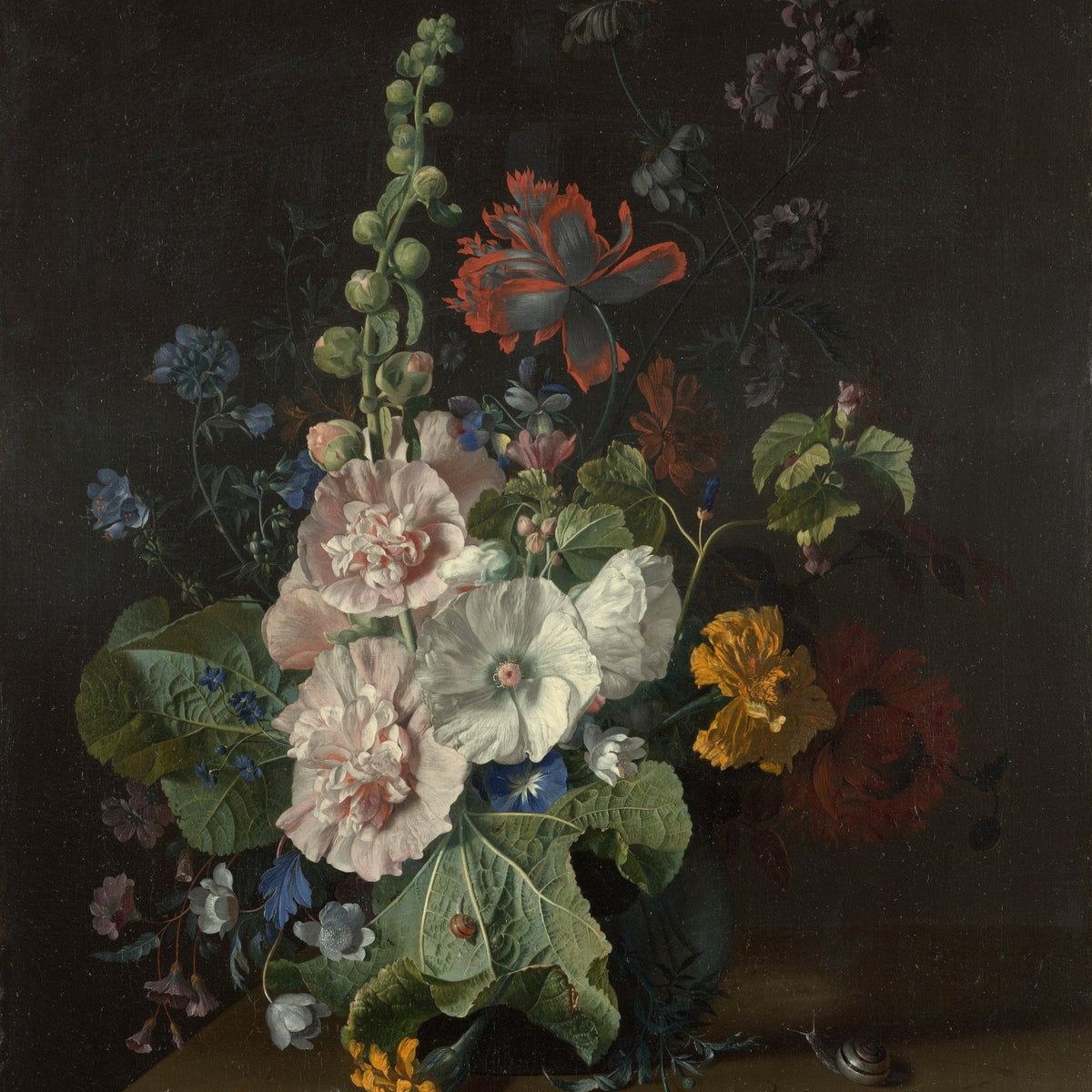 Floral Oil Painting - Hollyhocks and Diverse Flowers