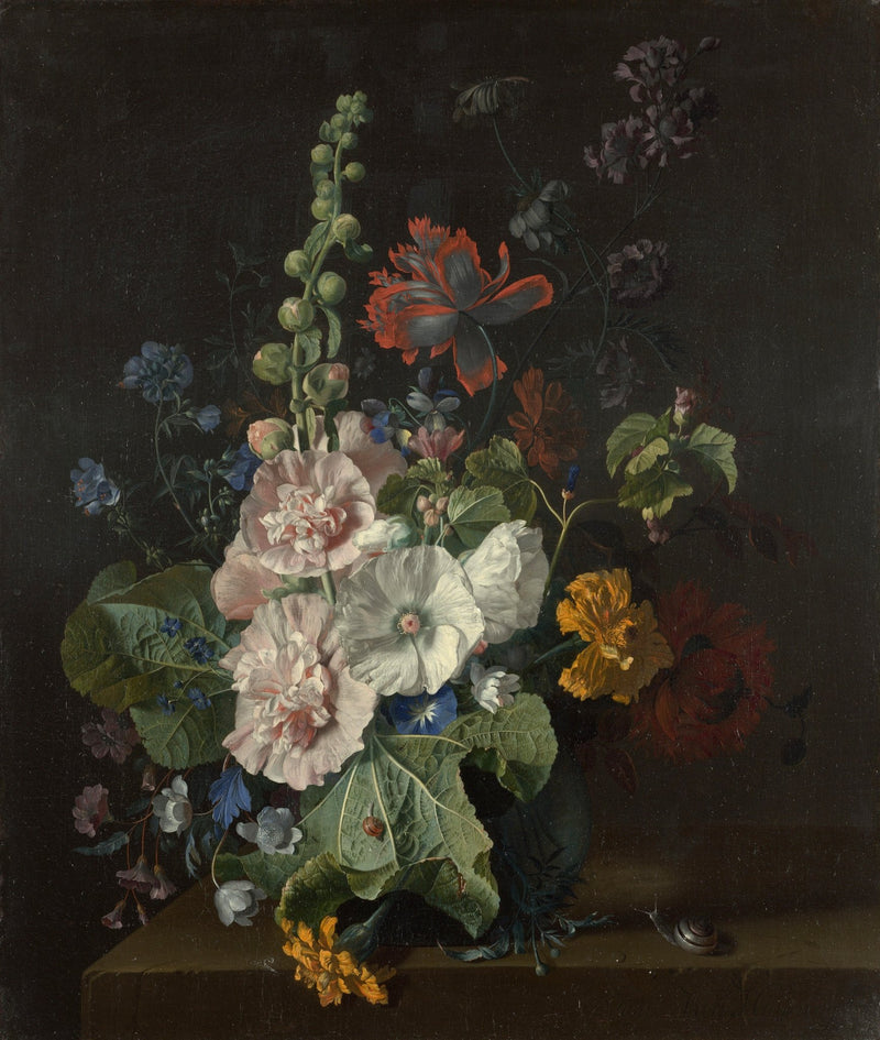 Floral Oil Painting - Hollyhocks and Diverse Flowers