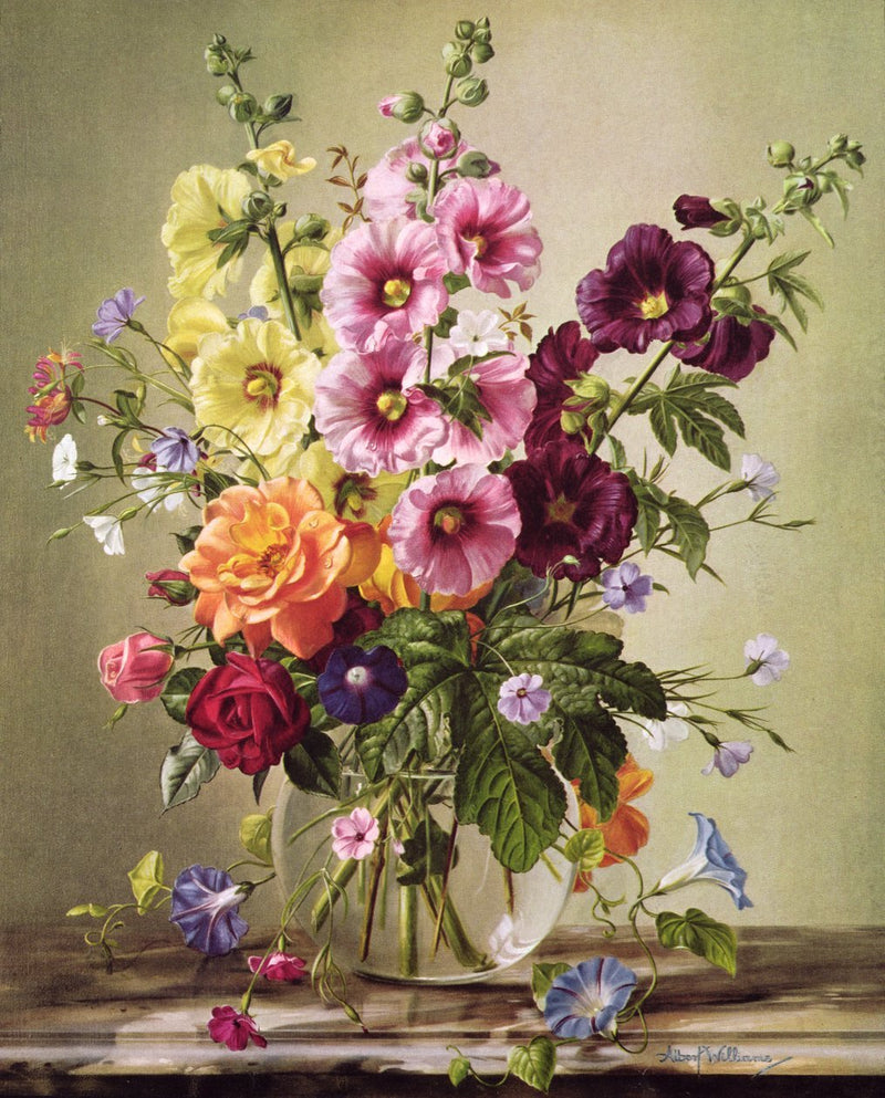 Floral Oil Painting - Hollyhocks and Roses in Glass Vase