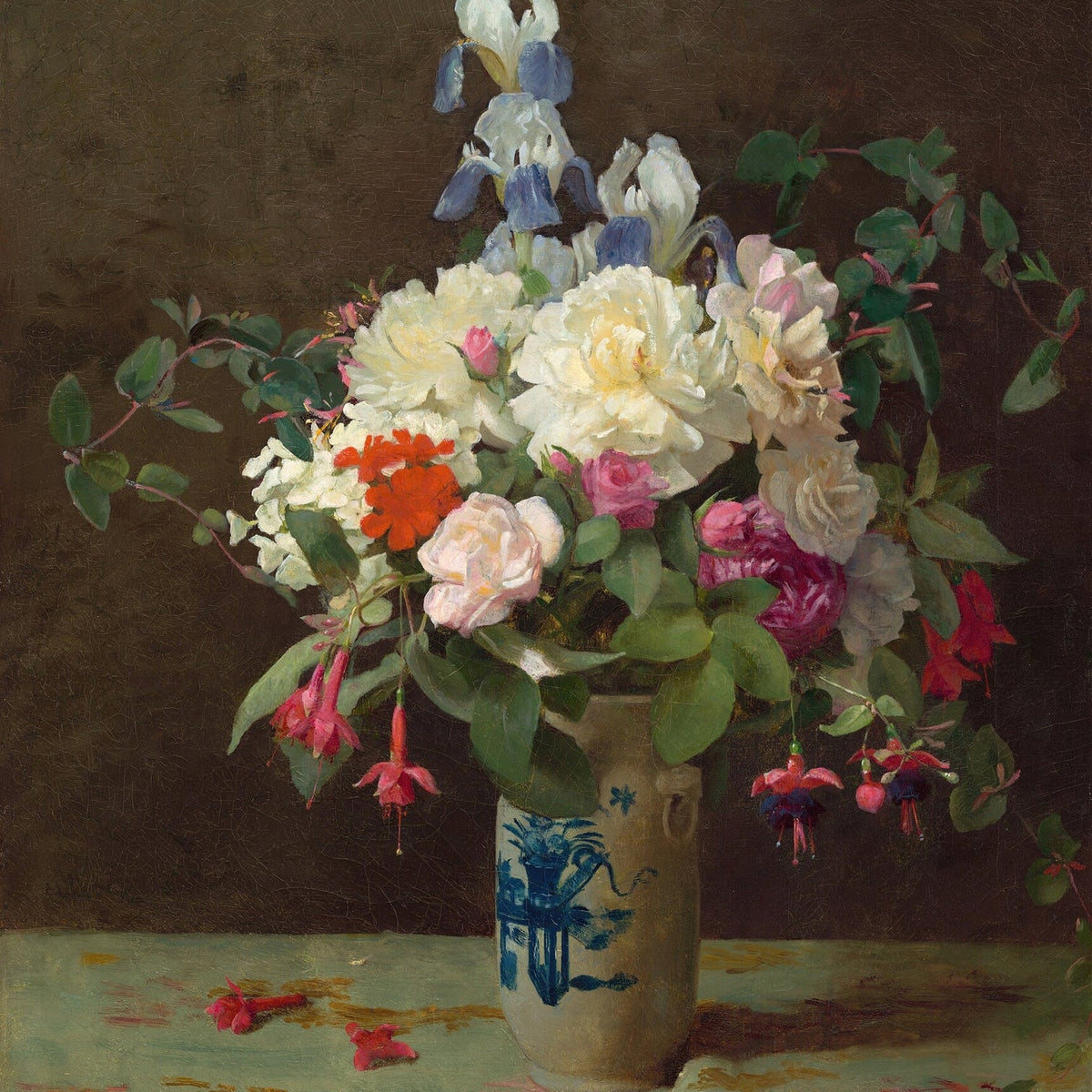Floral Oil Painting - Iris and Rose Still Life in Ceramic Vase - Oil Painting Haven