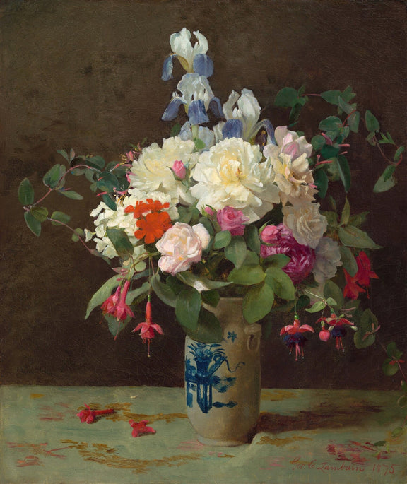 Floral Oil Painting - Iris and Rose Still Life in Ceramic Vase - Oil Painting Haven