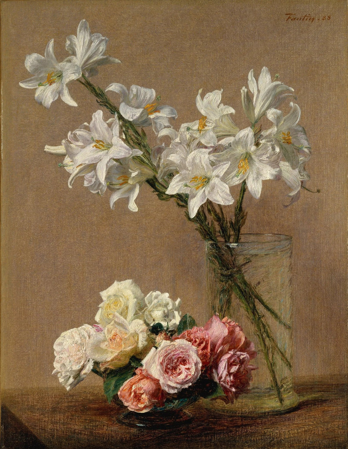 Blumen-Ölgemälde – Arrangement aus Lilien und Rosen