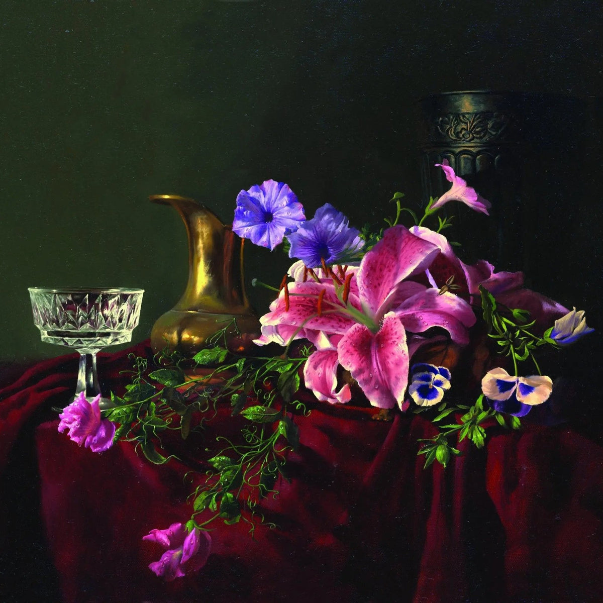 Floral Oil Painting - Lilies with Brass and Glassware - Oil Painting Haven