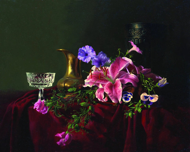 Floral Oil Painting - Lilies with Brass and Glassware - Oil Painting Haven