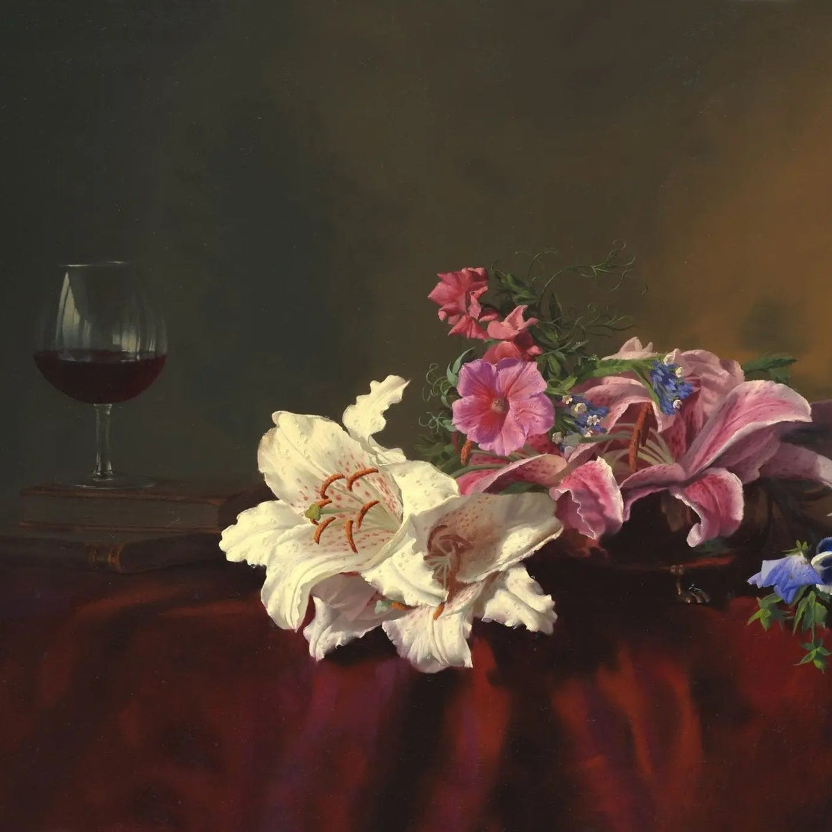 Floral Oil Painting - Lilies with Wine Glass - Oil Painting Haven
