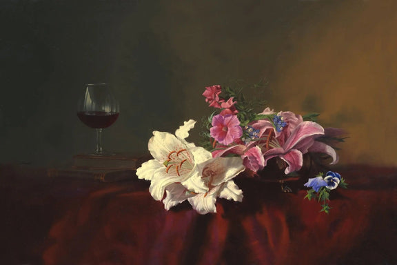 Floral Oil Painting - Lilies with Wine Glass - Oil Painting Haven