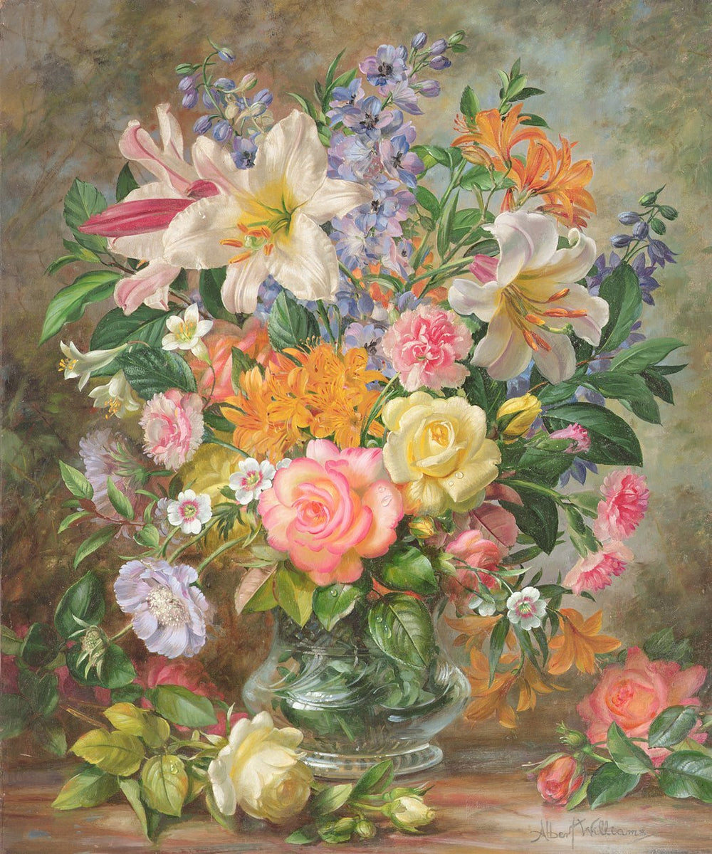 Floral Oil Painting - Lily and Rose Bouquet in Glass Vase