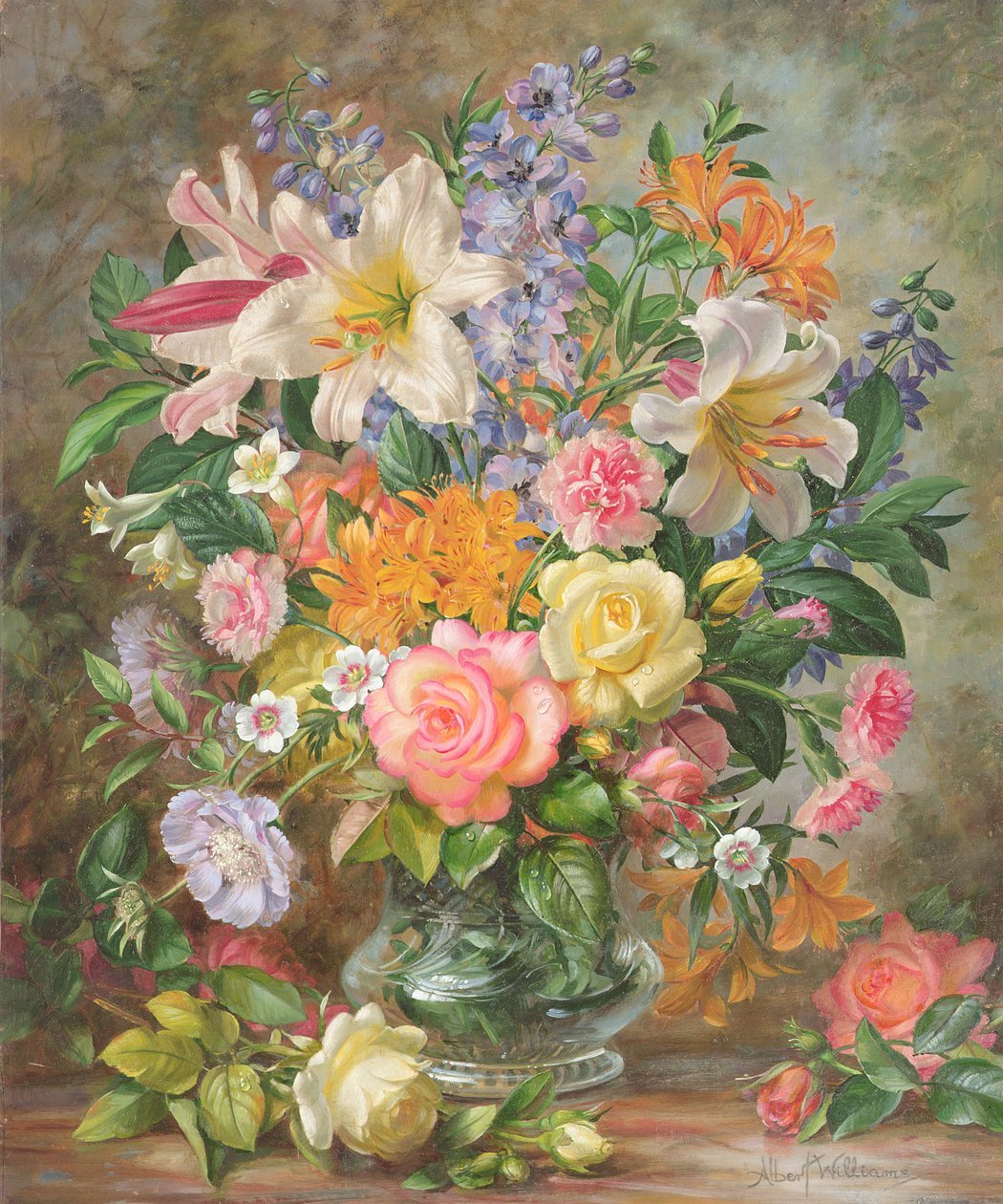 Floral Oil Painting - Lily and Rose Bouquet in Glass Vase