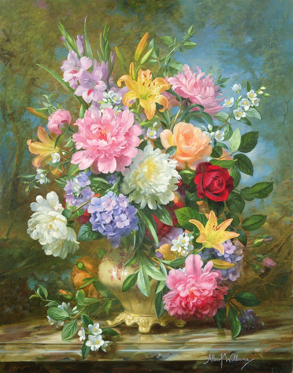 Blumen-Ölgemälde – Blumenstrauß mit Früchten und Geige