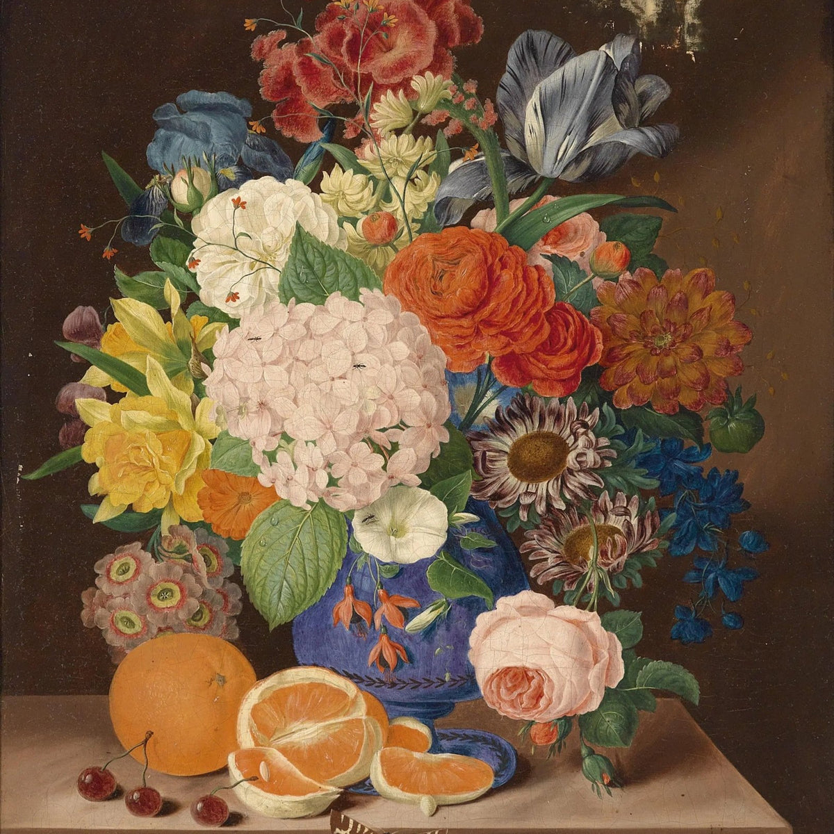 Floral Oil Painting - Lush Bouquet with Fruits and Insects Wall Art - Oil Painting Haven