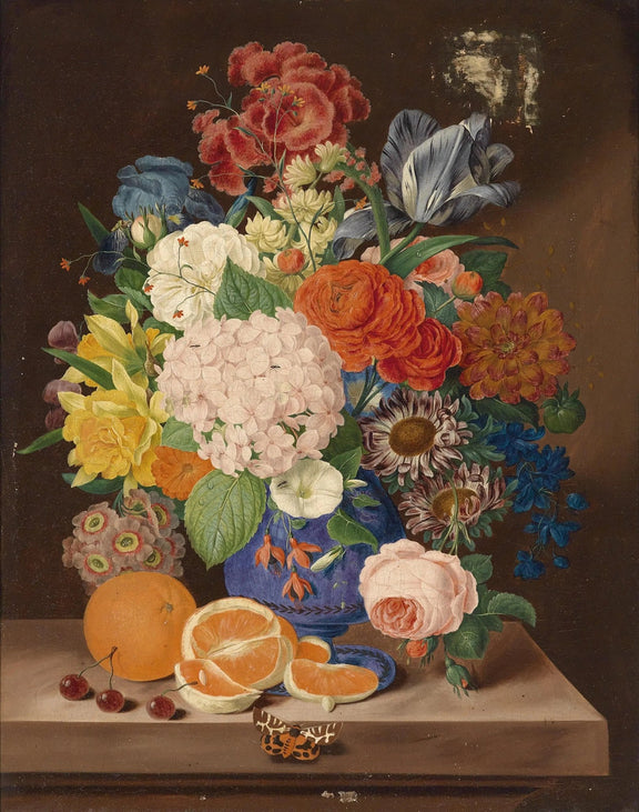 Floral Oil Painting - Lush Bouquet with Fruits and Insects Wall Art - Oil Painting Haven