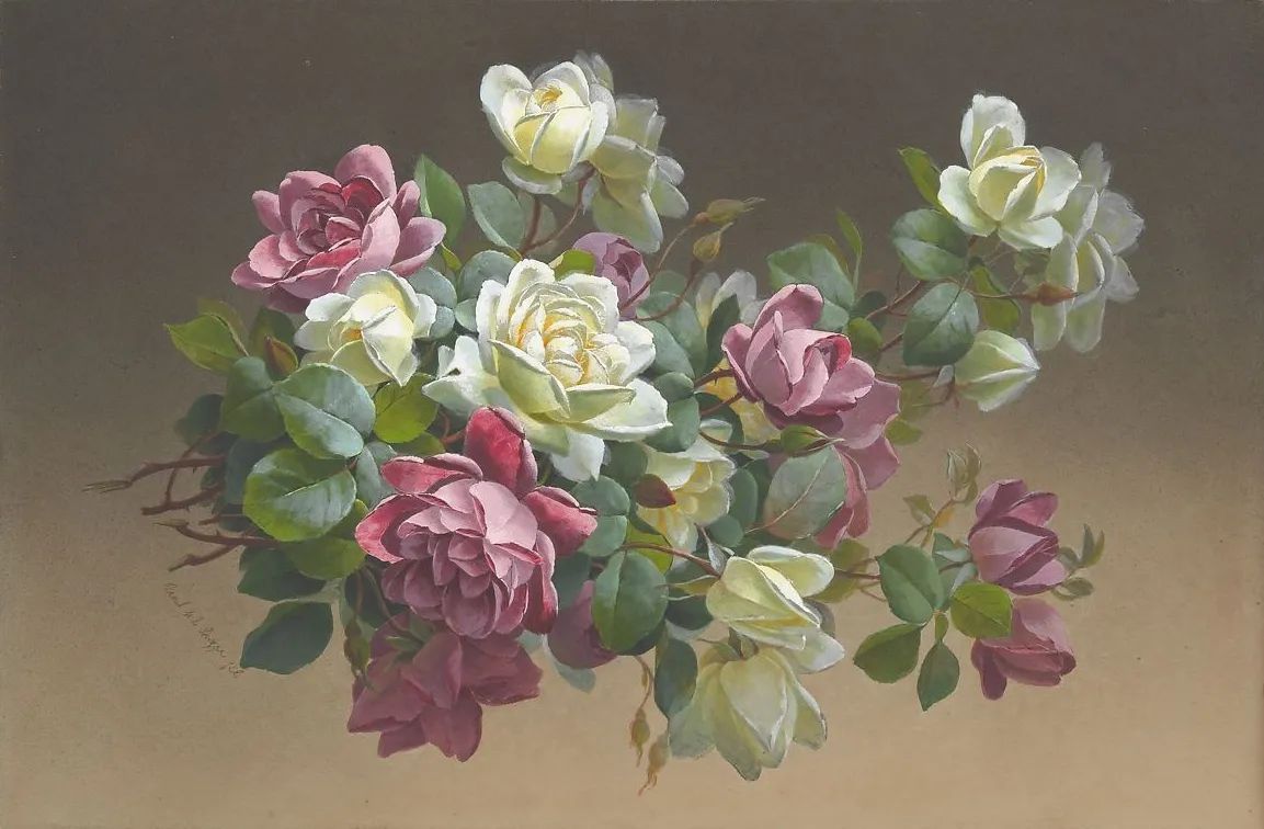 Floral Oil Painting - Mauve and White Roses on Branches